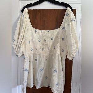 ARULA Cream Top with Blue Floral Embroidery